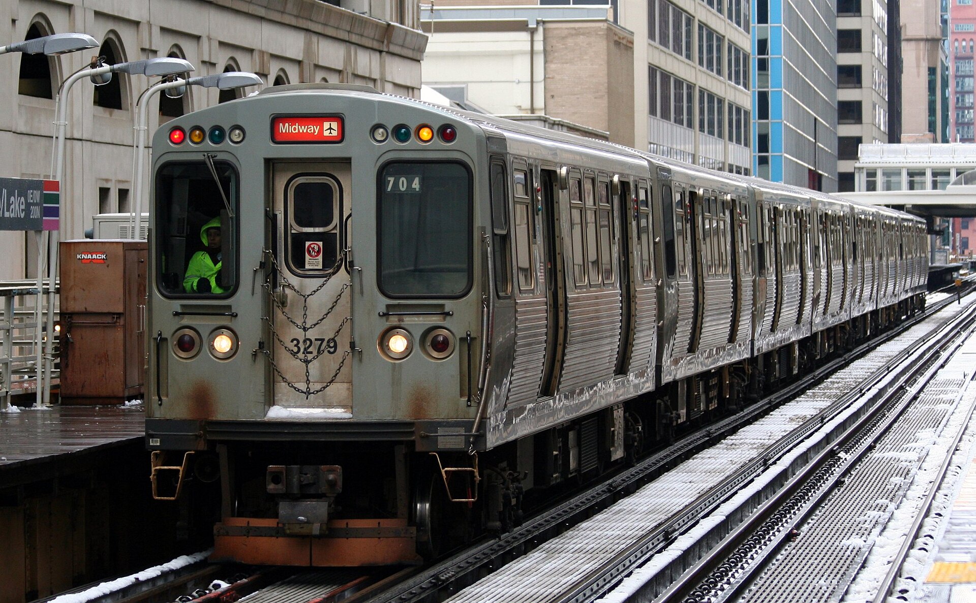 A CTA Orange Line train on the elevated Loop tracks